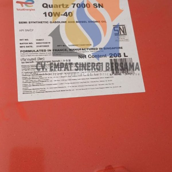 Total Quartz 7000 10W-40 Api SN/CF, Petroleum & Engine Diesel Oil, Drum 208 Lt